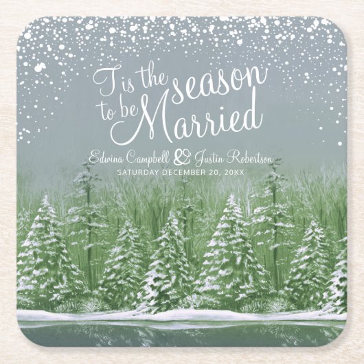 Winter bruiloft dennenbomen meer groene kunst kartonnen onderzetters (Voorkant)