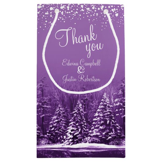 Winter bruiloft dennenbomen paarse kunst dank u klein cadeauzakje (Achterkant)