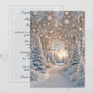 Winter Bruiloft Dennenbomen Sneeuwvlokken Mooie Li Kaart