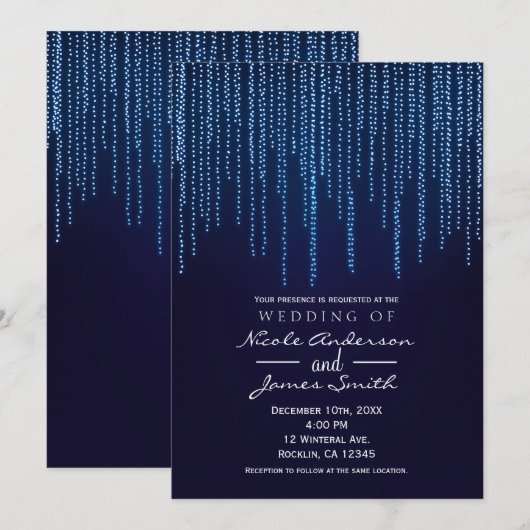 Winter Bruiloft Elegante Blauwe Glitter Slingerlic Kaart (Voorkant / Achterkant)