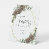 Winter Bruiloft Evergreen Pine Cone Favorieten Reclamebord Met Voetstuk (Voorkant)