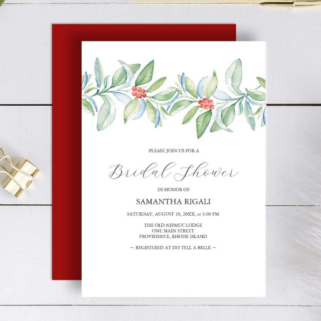 Winter Bruiloft Feest Uitnodigingen Waterverf  (Winter bridal shower theme features Christmas Watercolor art by Victoria Grigaliunas Do Tell A Belle)