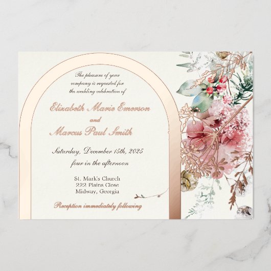 Winter bruiloft Floral 2 Folie Uitnodiging (Voorkant)
