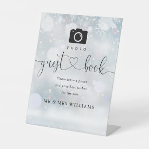Winter Bruiloft Foto Gastboek Hart Script Reclamebord Met Voetstuk