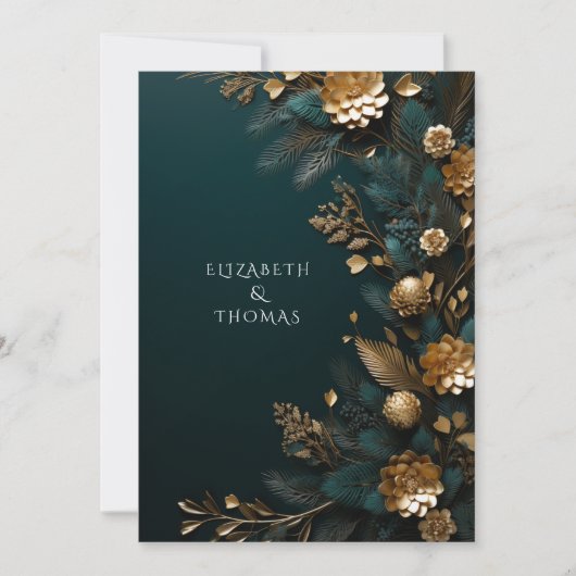 Winter Bruiloft Gouden dennenappels Groene dennenn Kaart (Voorkant)