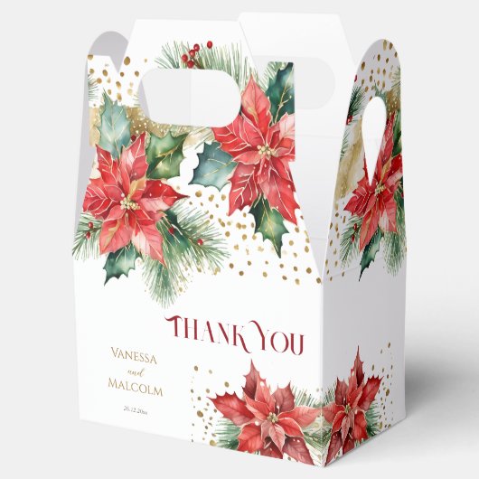Winter bruiloft gunsten poinsettia gouden sjabloon bedankdoosjes (Geopend)