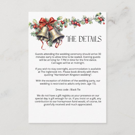 Winter bruiloft Holly Bells en rode bessen Details Informatiekaartje (Voorkant)