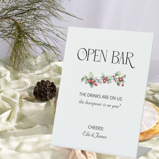 Winter Bruiloft Holly en bessen Open Bar Teken Reclamebord Met Voetstuk