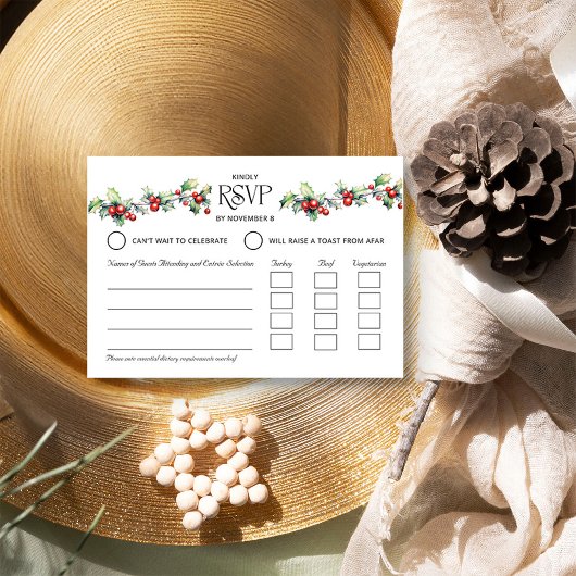 Winter bruiloft Holly en rode bessen Entrée RSVP Kaartje