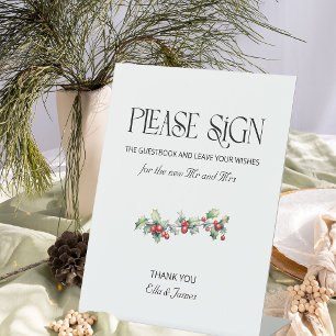 Winter Bruiloft Hulst en Bessen Gastboek Handteken Reclamebord Met Voetstuk