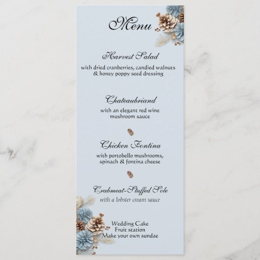Winter Bruiloft Kerstmis Pinecones Blauw Bruin Menu (Voorkant)