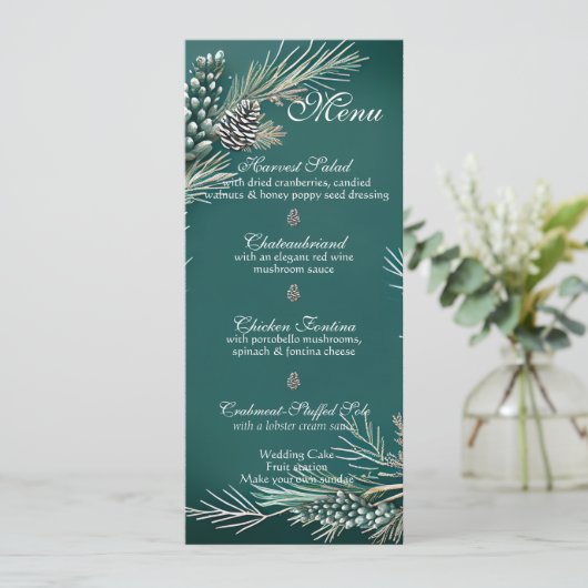Winter bruiloft Kerstmis Pinecones Menu (Staand voorkant)