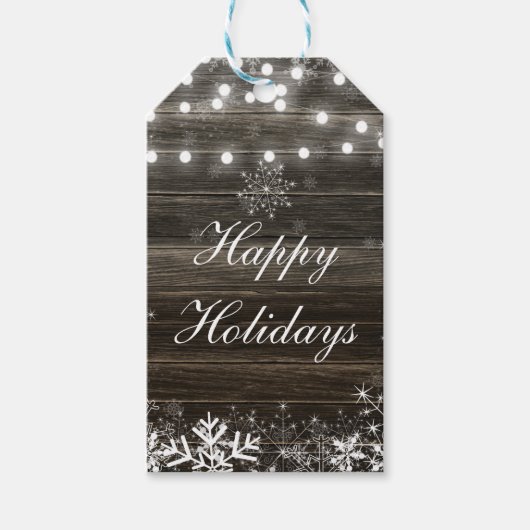 Winter Bruiloft Lichten & Sneeuwvlokken Rustieke F Cadeaulabel (Voorkant)