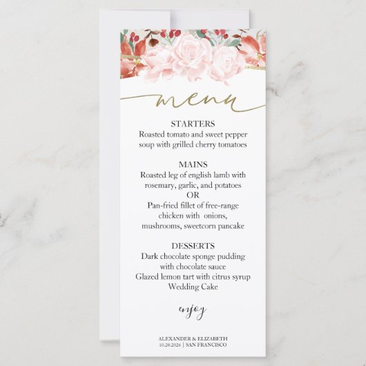 Winter Bruiloft Menu Kaart vergulde Waterverf Bloe (Voorkant)