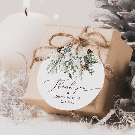 Winter bruiloft met vaste groene bladversiering bedankjes labels
