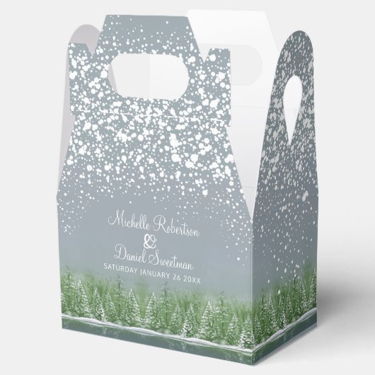 Winter bruiloft pijnbomen meer groene grijze kunst bedankdoosjes (Geopend)