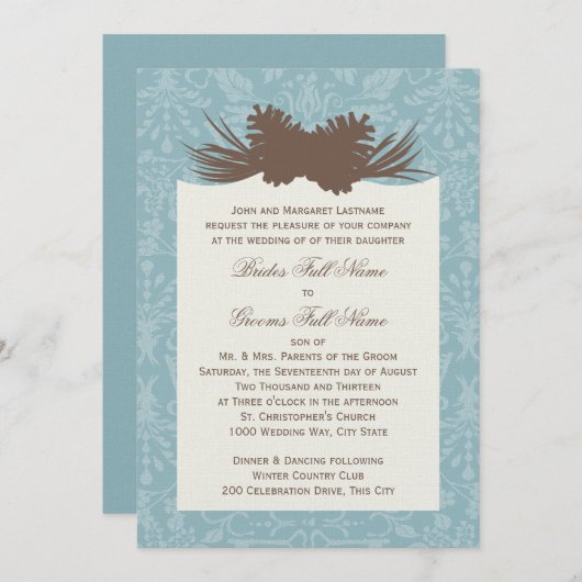 Winter bruiloft Pinecones en Damask Kaart (Voorkant / Achterkant)