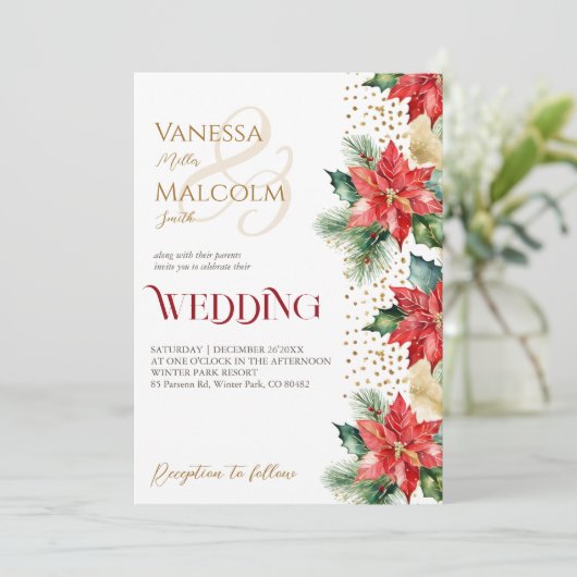 Winter bruiloft poinsettia goud alles in één sjabl kaart (Staand voorkant)
