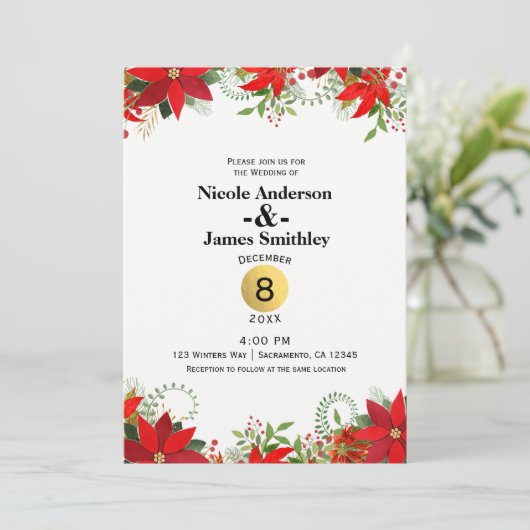 Winter Bruiloft Rood & Wit Poinsettia Vakantie Kaart (Staand voorkant)