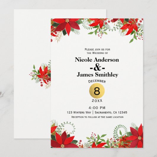 Winter Bruiloft Rood & Wit Poinsettia Vakantie Kaart (Voorkant / Achterkant)
