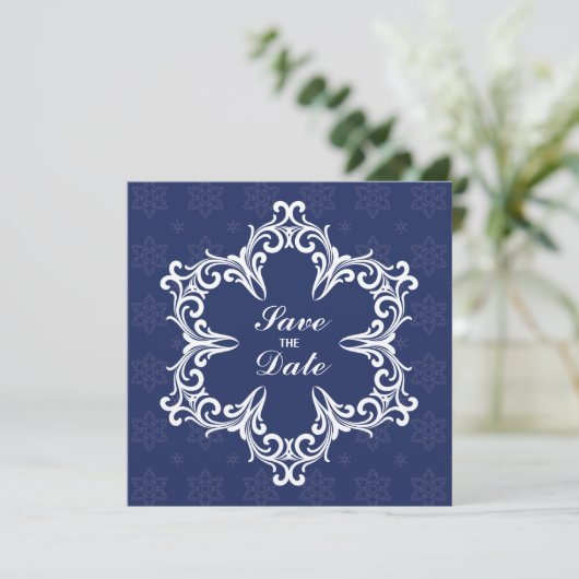 Winter Bruiloft Save the Date Aankondiging in Navy (Staand voorkant)