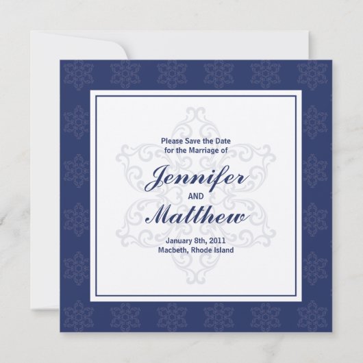 Winter Bruiloft Save the Date Aankondiging in Navy (Achterkant)