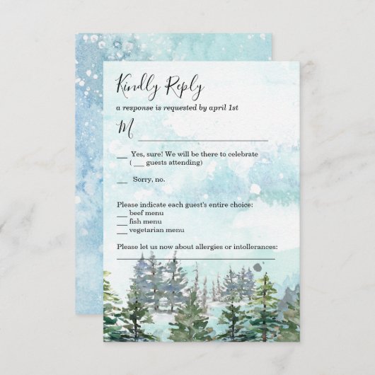 Winter bruiloft sneeuw dennenbomen RSVP kaart (Voorkant / Achterkant)