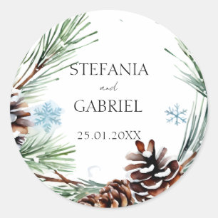 Winter bruiloft sneeuwachtige dennen ronde sticker