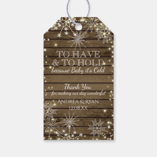 Winter Bruiloft Sneeuwvlokken en Schuur Hout Cadeaulabel (Voorkant)