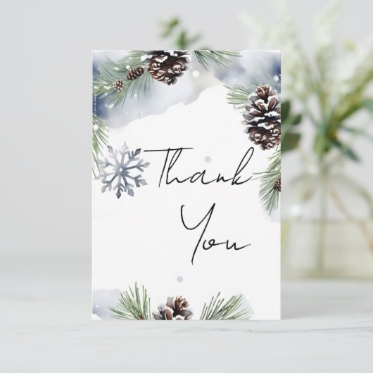 Winter bruiloft waterverf besneeuwde dennen bedankkaart (Staand voorkant)