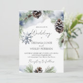 Winter bruiloft waterverf besneeuwde dennen sjablo save the date (Staand voorkant)