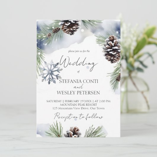 Winter bruiloft waterverf besneeuwde dennen sjablo save the date (Staand voorkant)