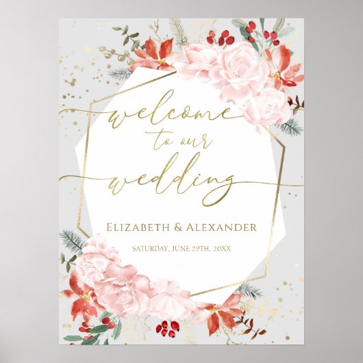 Winter bruiloft Welkomstbord Vergulde Waterverf Poster (Voorkant)