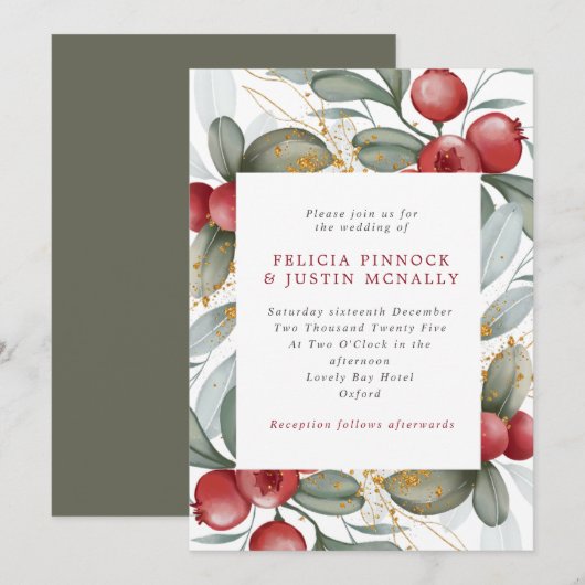 Winter Bruiloft Wijze Groene & Rode bessen Kaart (Voorkant / Achterkant)
