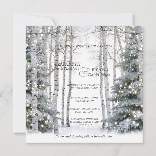 Winter bruiloft witte berk sneeuwvlokken pijnbomen kaart (Voorkant)