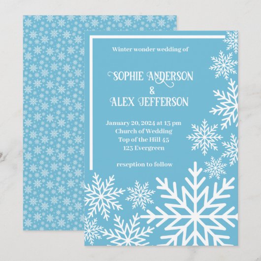 Winter bruiloft witte sneeuwvlokken op turquoise i kaart (Voorkant / Achterkant)