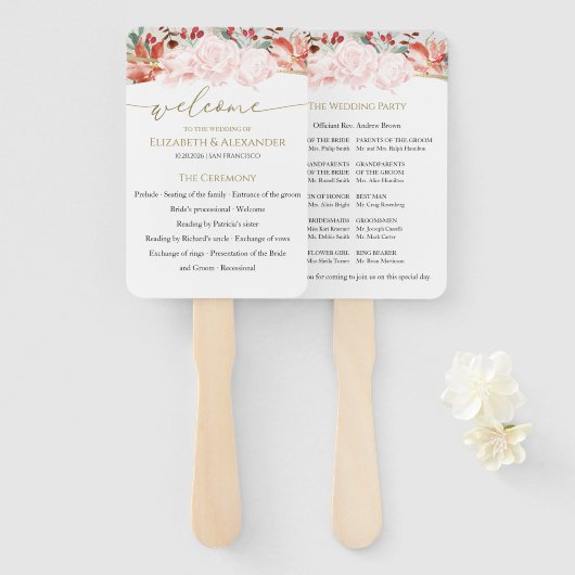 Winter bruiloftceremonie programma vergulde bloeme handwaaier (Voorkant en achterkant)