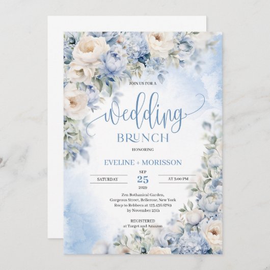 Winter bruiloftsbrunch met stoffige blauwe en ivoo kaart (Voorkant / Achterkant)