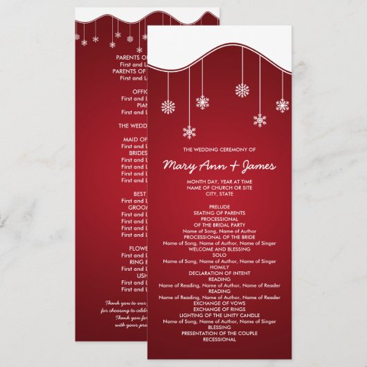 Winter Bruiloftsprogramma Sneeuwvlok Decoratie Roo Programmakaart (Voorkant / Achterkant)