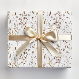 Winter Bruine Mooie Bloemen en Bladeren Patroon Cadeaupapier
