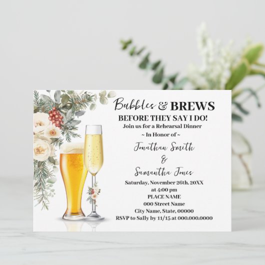 Winter Bubbles & Brews Rehearsal Dinner Kaart (Staand voorkant)