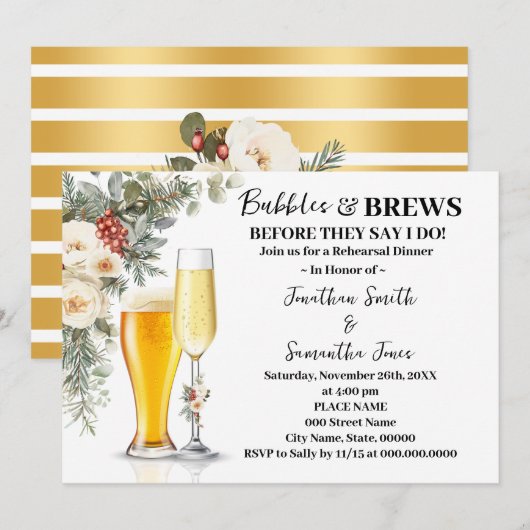 Winter Bubbles & Brews Rehearsal Dinner Kaart (Voorkant / Achterkant)