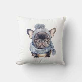 Winter Bulldog Baby in Blauwe Muts en Sjaal Kussen