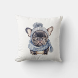 Winter Bulldog Baby in Blauwe Muts en Sjaal Kussen