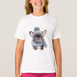 Winter Bulldog Baby in Blauwe Muts en Sjaal T-shirt