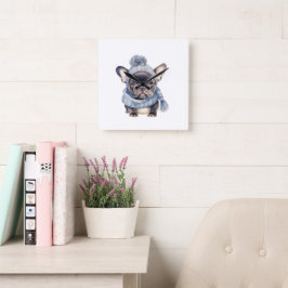Winter Bulldog Baby in Blauwe Muts en Sjaal Vierkante Klok