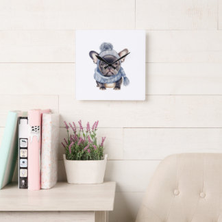 Winter Bulldog Baby in Blauwe Muts en Sjaal Vierkante Klok