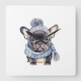 Winter Bulldog Baby in Blauwe Muts en Sjaal Vierkante Klok