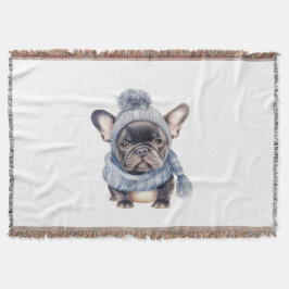 Winter Bulldog Baby in Blue Cap and Scarf Deken