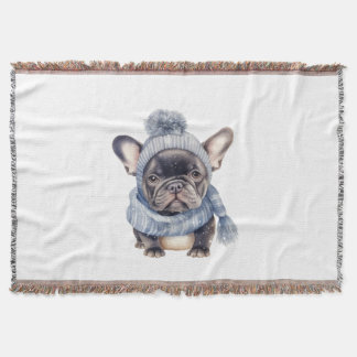 Winter Bulldog Baby in Blue Cap and Scarf Deken